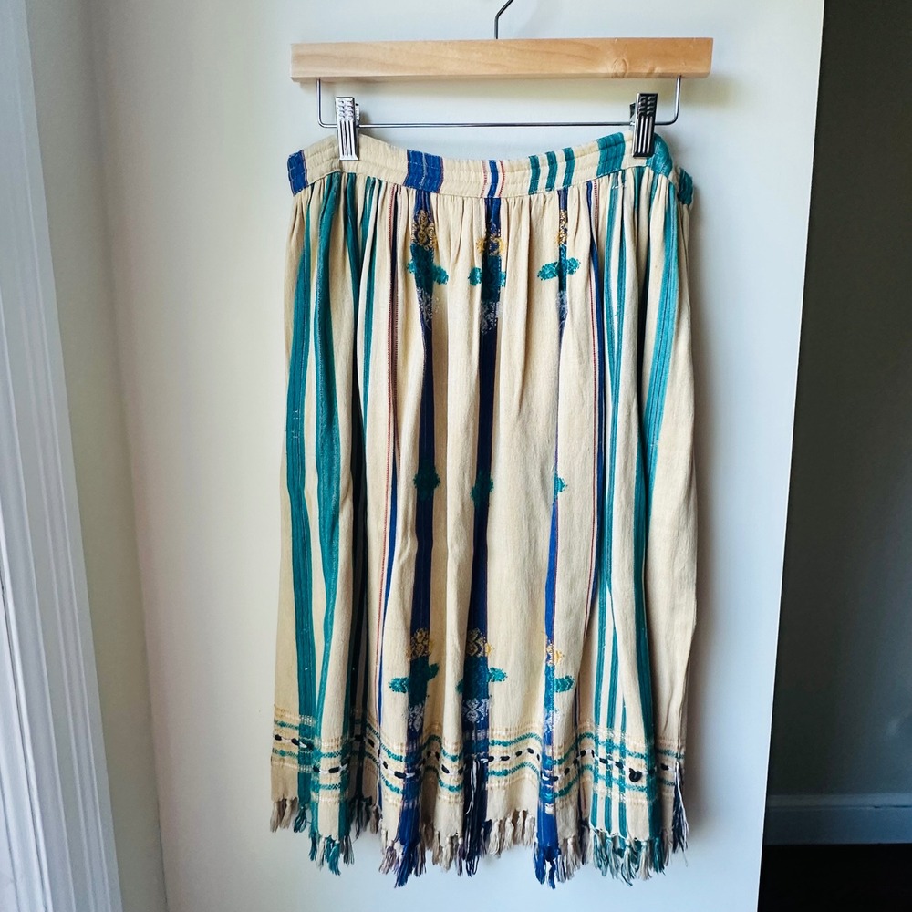 Vintage 70s Supercraft Skirt Blue Teal Woven Embroidered Fringe Boho Medium - Picture 2 of 8